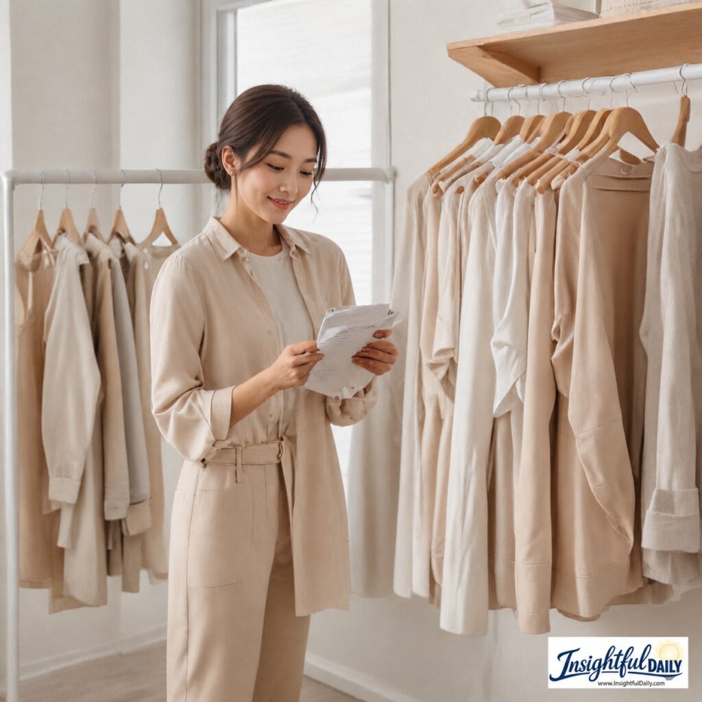 Woman organizing capsule wardrobe checklist with neutral clothing pieces in minimalist closet