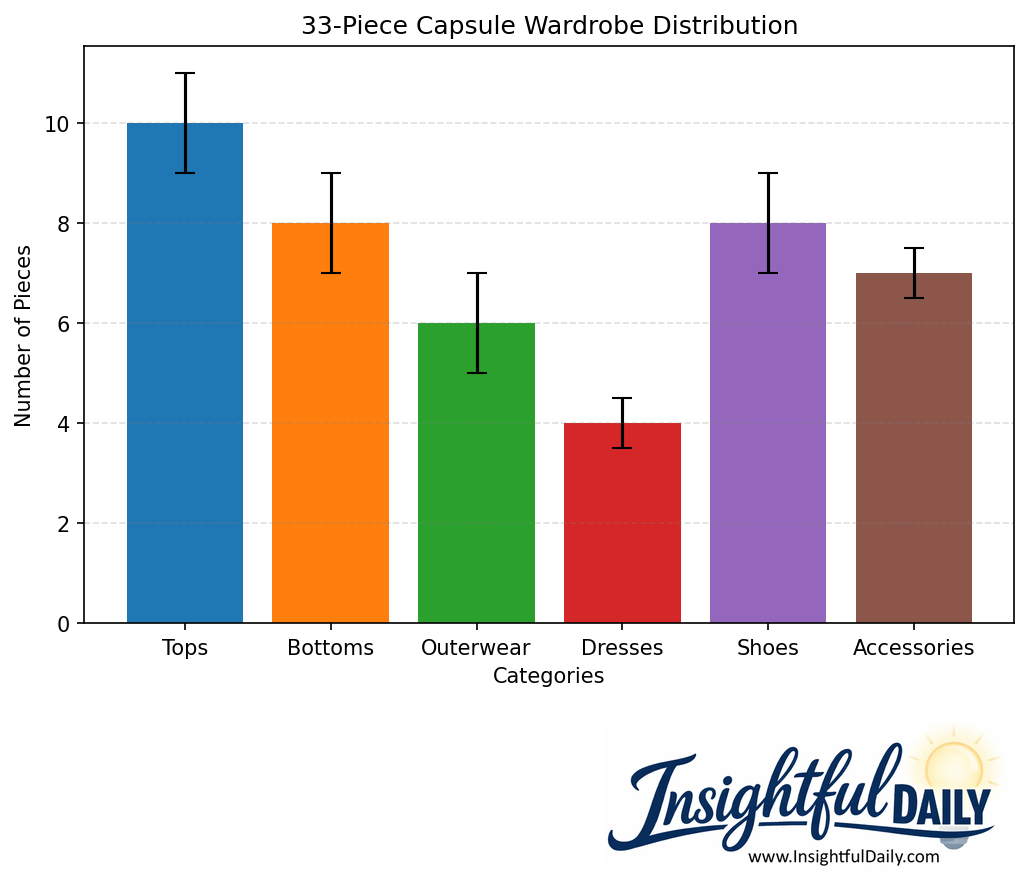 Chart displaying optimal distribution of clothing categories in 33-piece capsule wardrobe checklist