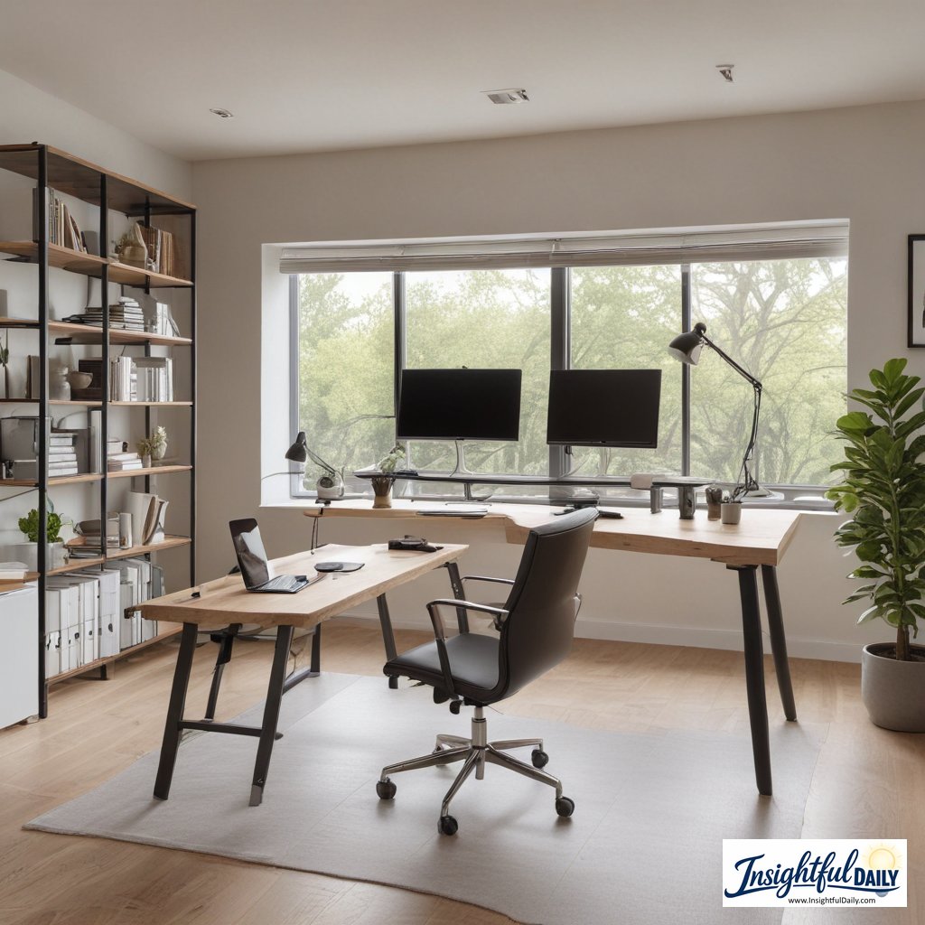 Professional home office setup with ergonomic furniture and optimal lighting for remote work productivity
