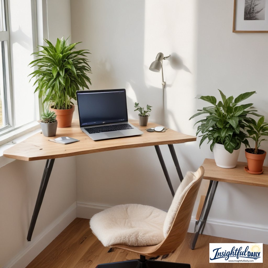 Small budget home office setup in corner with ergonomic accessories