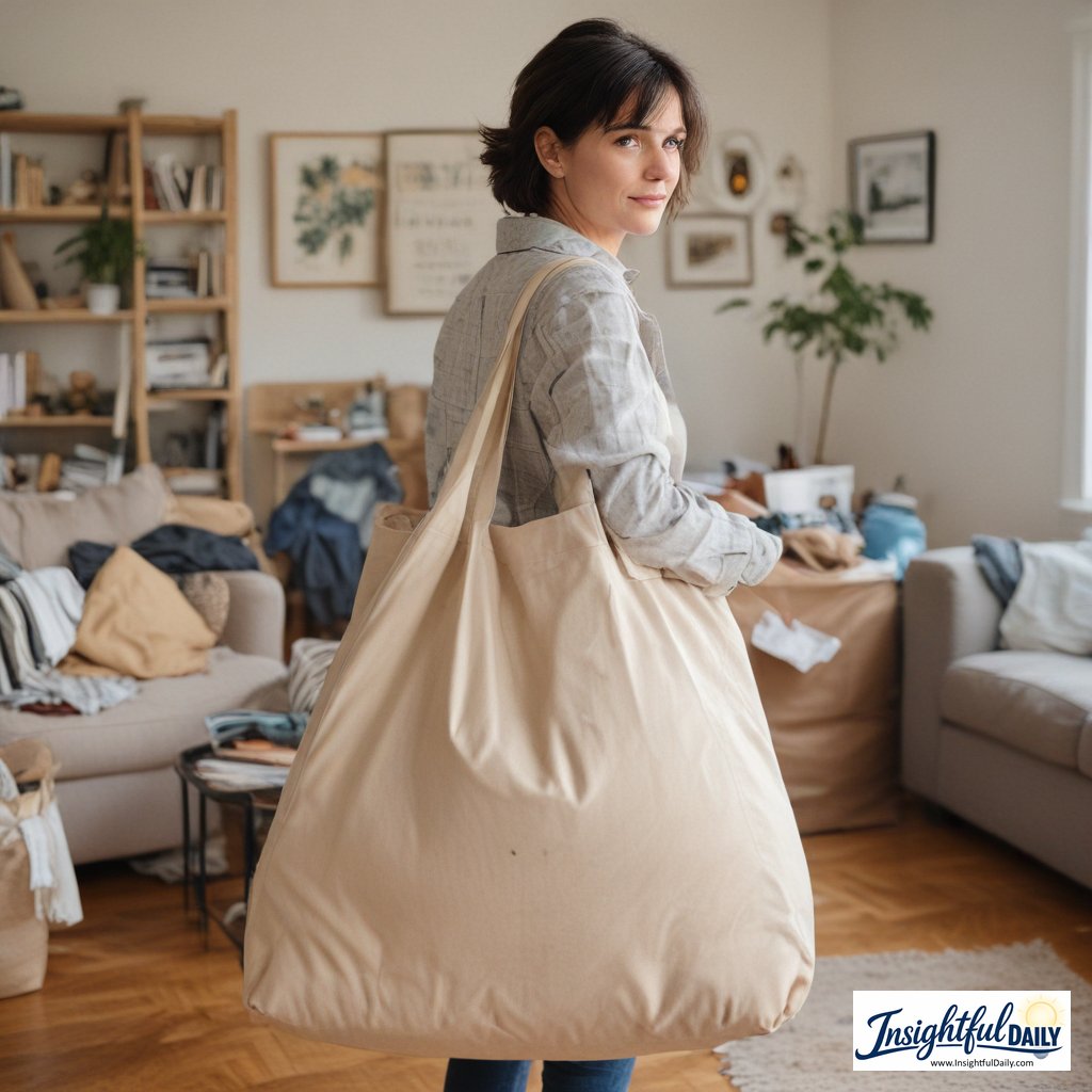 Woman with decluttering bag ready to start one hour declutter challenge room organization