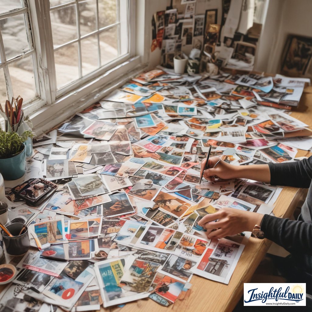 Person creating vision board ideas with magazines and craft supplies on wooden desk