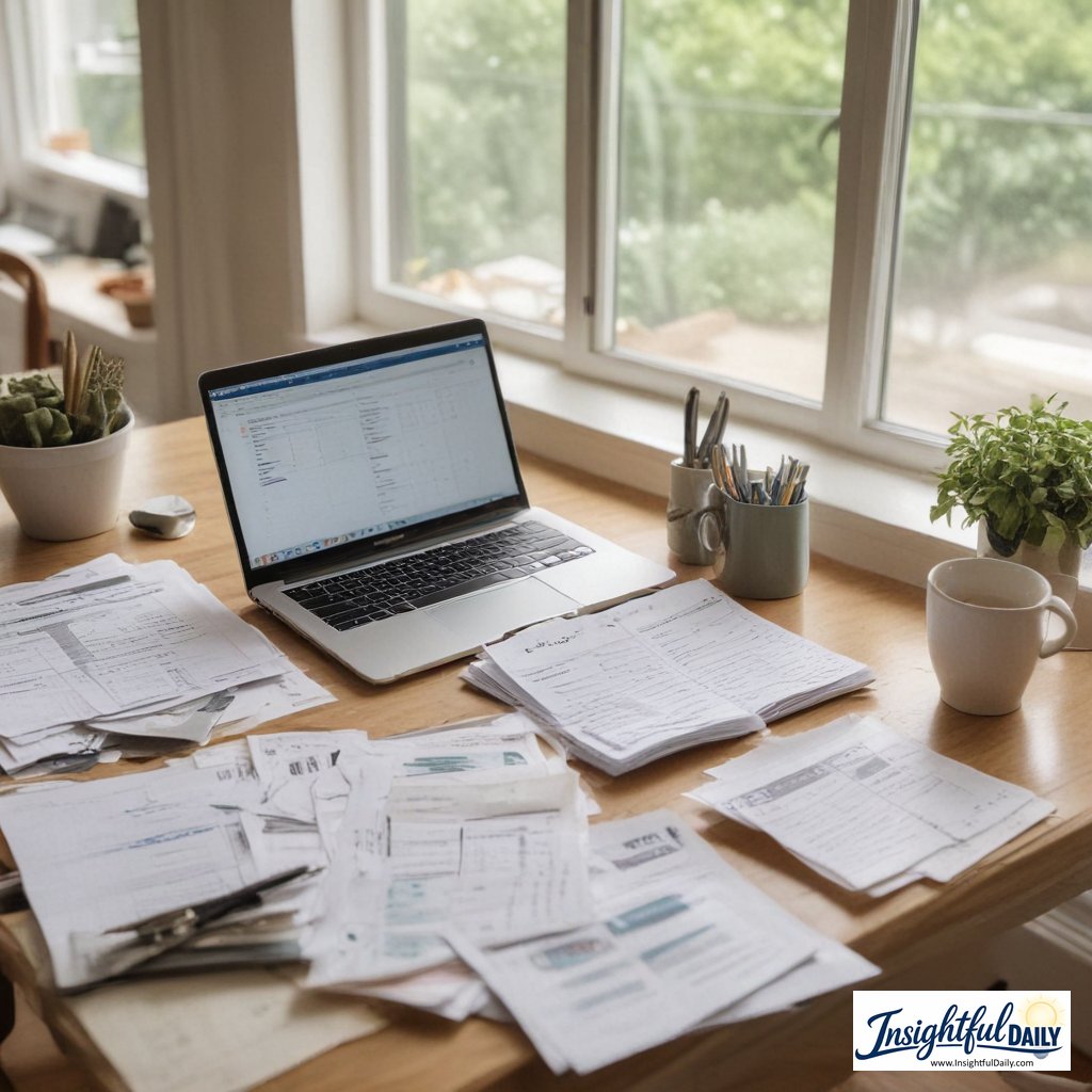 Person learning how to create a budget at kitchen table with calculator and organized bills