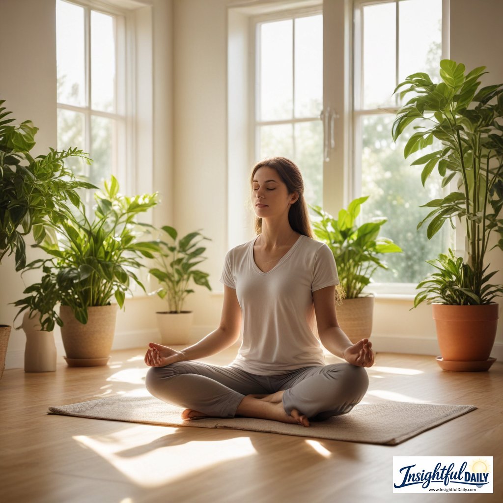 Peaceful meditation practice in natural lighting for mental wellness and self care ideas