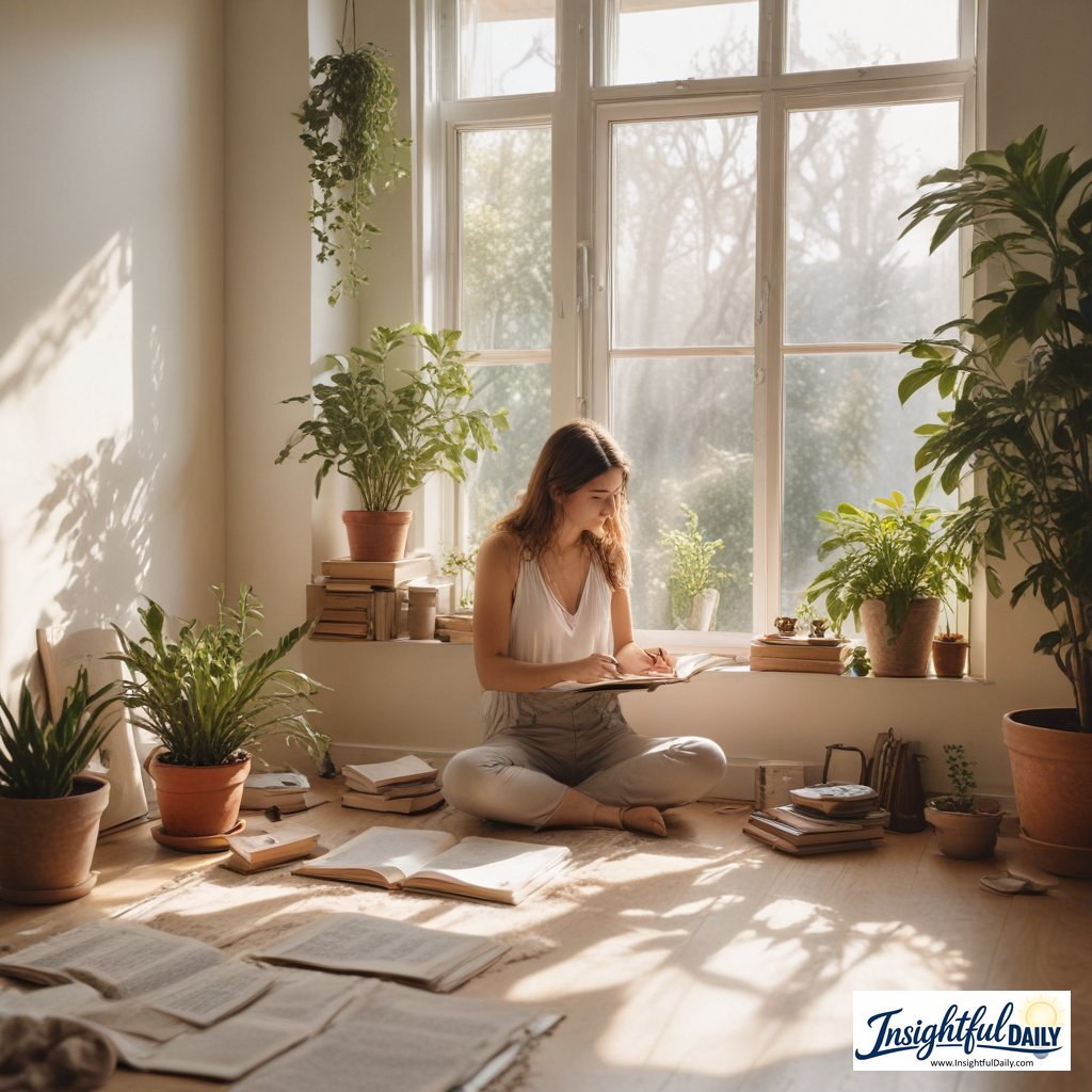 Person practicing intentional living through mindful journaling in peaceful minimalist environment