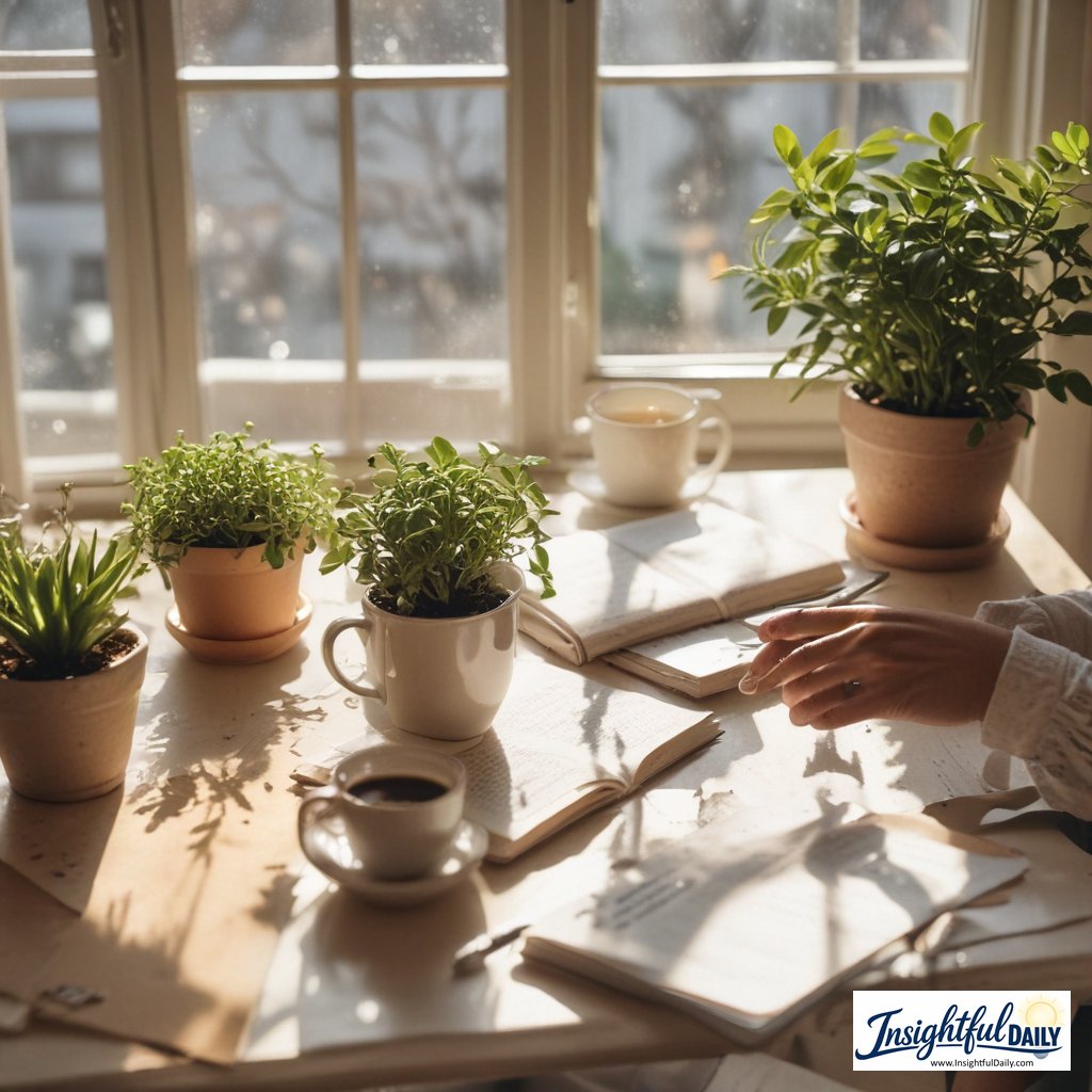Person enjoying peaceful morning routine ideas with coffee and journaling