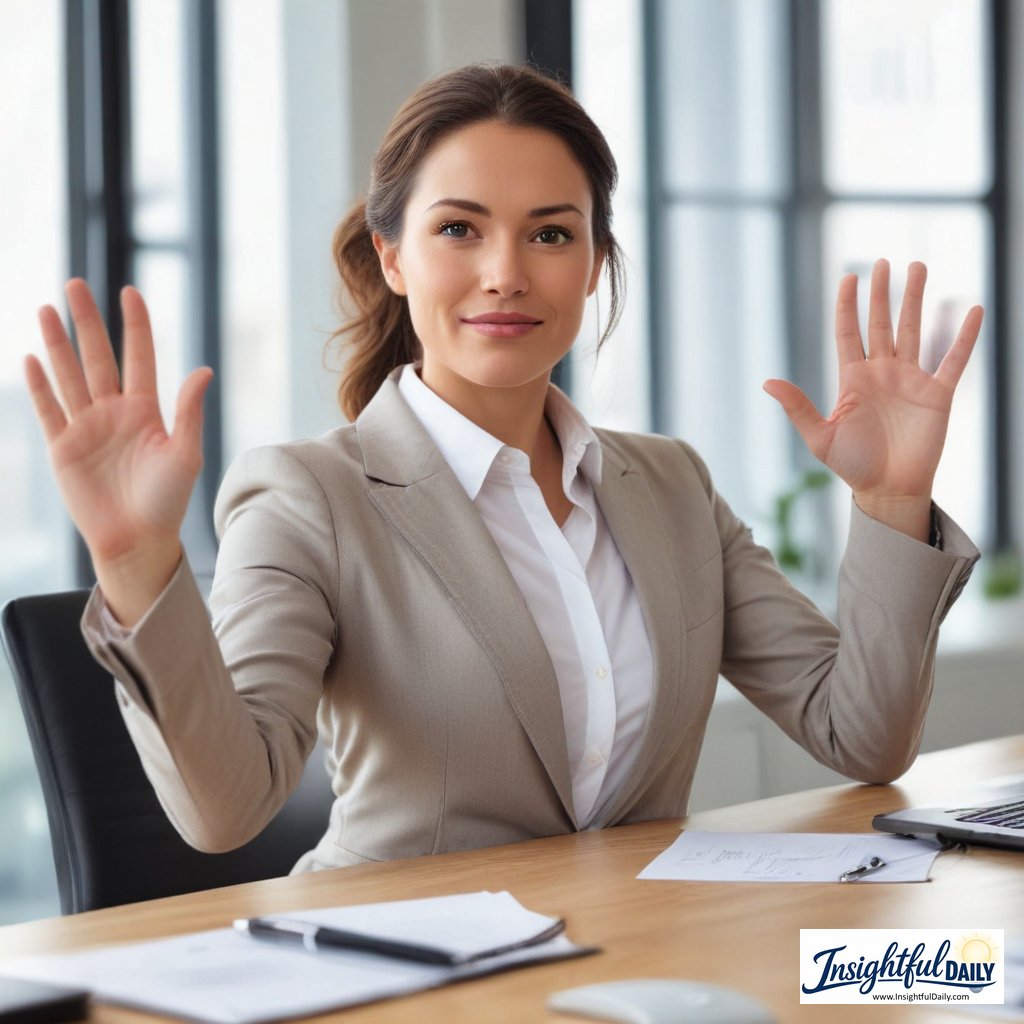 Professional woman setting healthy boundaries with confident stop gesture at workplace