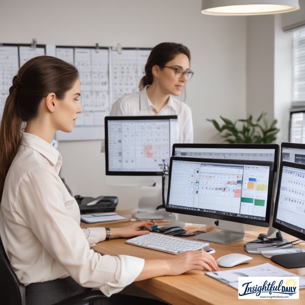 Busy professional demonstrating effective time management techniques at organized workspace
