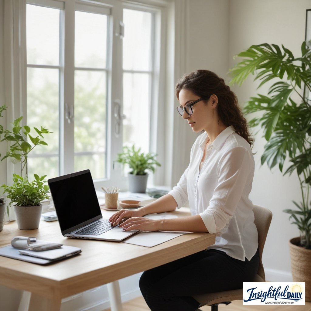 Woman implementing work life balance tips at organized home office