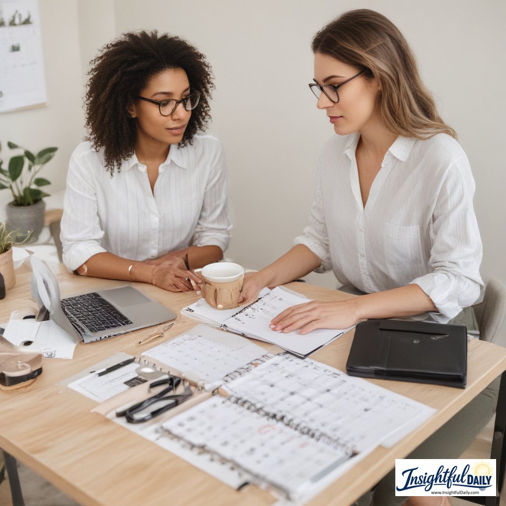 Woman conducting work life balance audit at organized workspace with weekly planning template