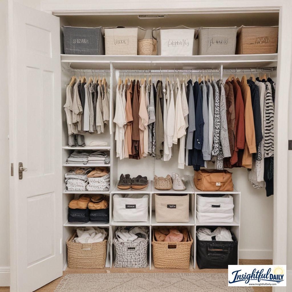 Well-organized closet displaying seasonal capsule wardrobe storage and rotation system with checklist