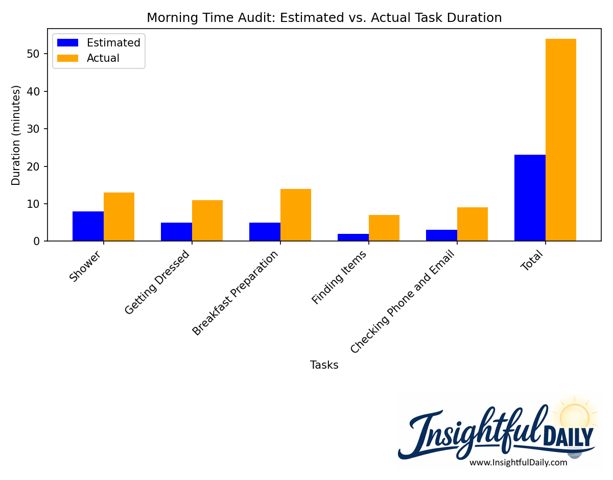 Bar chart comparing estimated versus actual time spent on common morning tasks, showing people consistently underestimate how long their morning routine takes and why they feel rushed in the morning