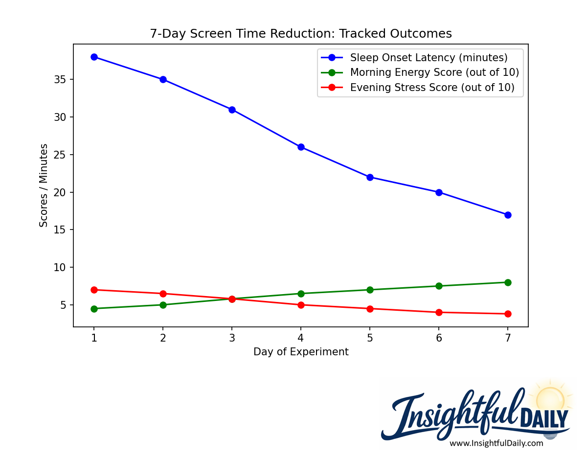 Line chart showing measurable improvements in sleep onset latency, morning energy, and evening stress scores over 7 days of a reduce screen time after work experiment