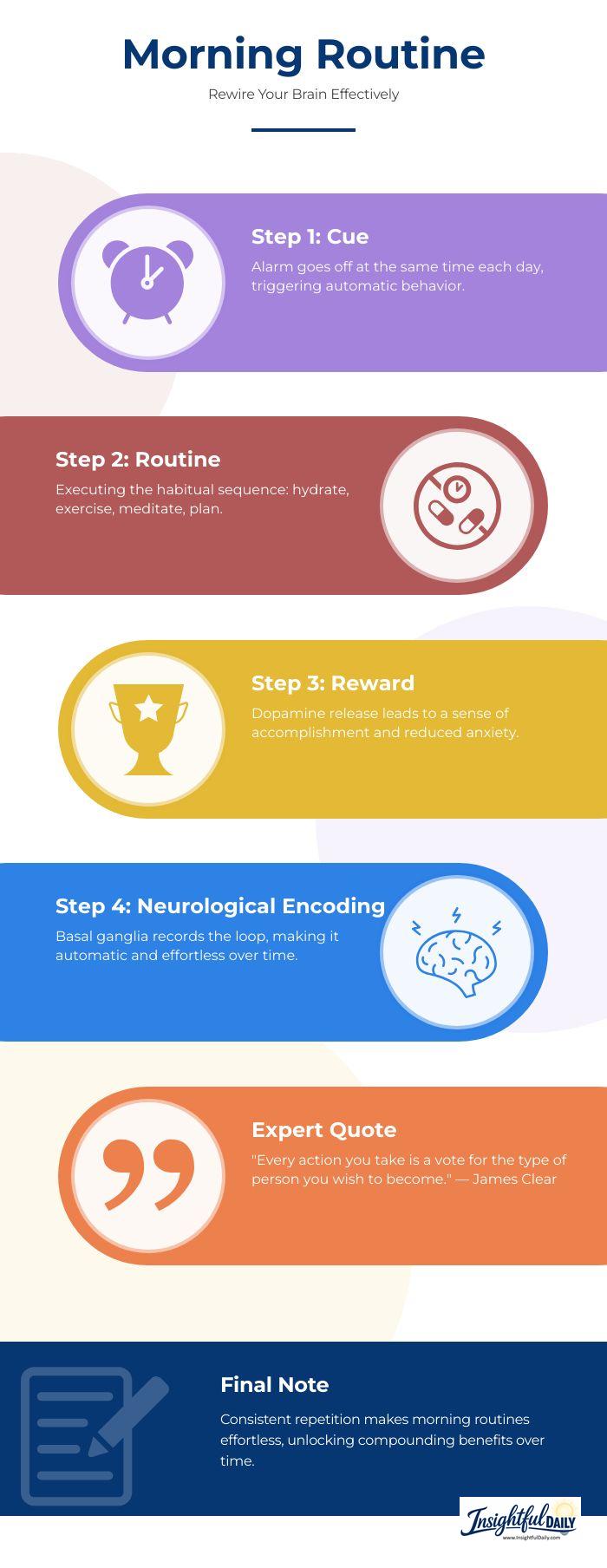 Four-stage infographic showing how morning routine benefits accumulate as the brain rewires through cue, routine, reward, and neurological encoding