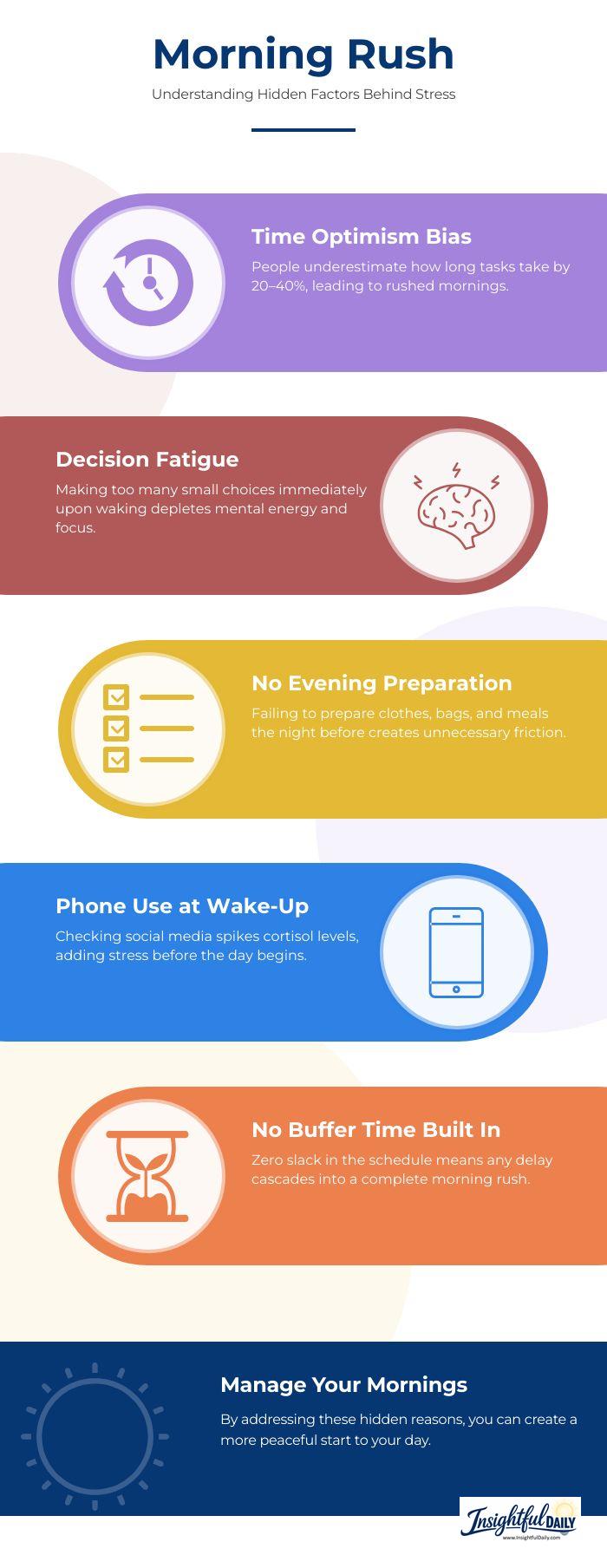 Infographic showing five hidden reasons people feel rushed in the morning including decision fatigue and lack of evening preparation
