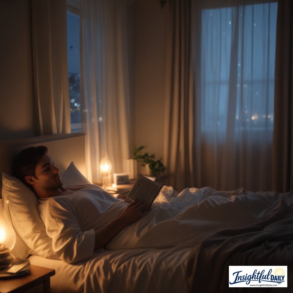 Person following a consistent bedtime routine by reading in a warmly lit bedroom before sleep