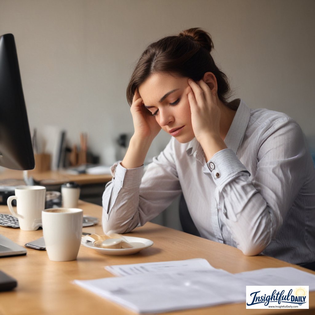 Person feeling tired all day awake at night — exhausted at desk during daytime hours, struggling with disrupted sleep schedule and circadian rhythm problems