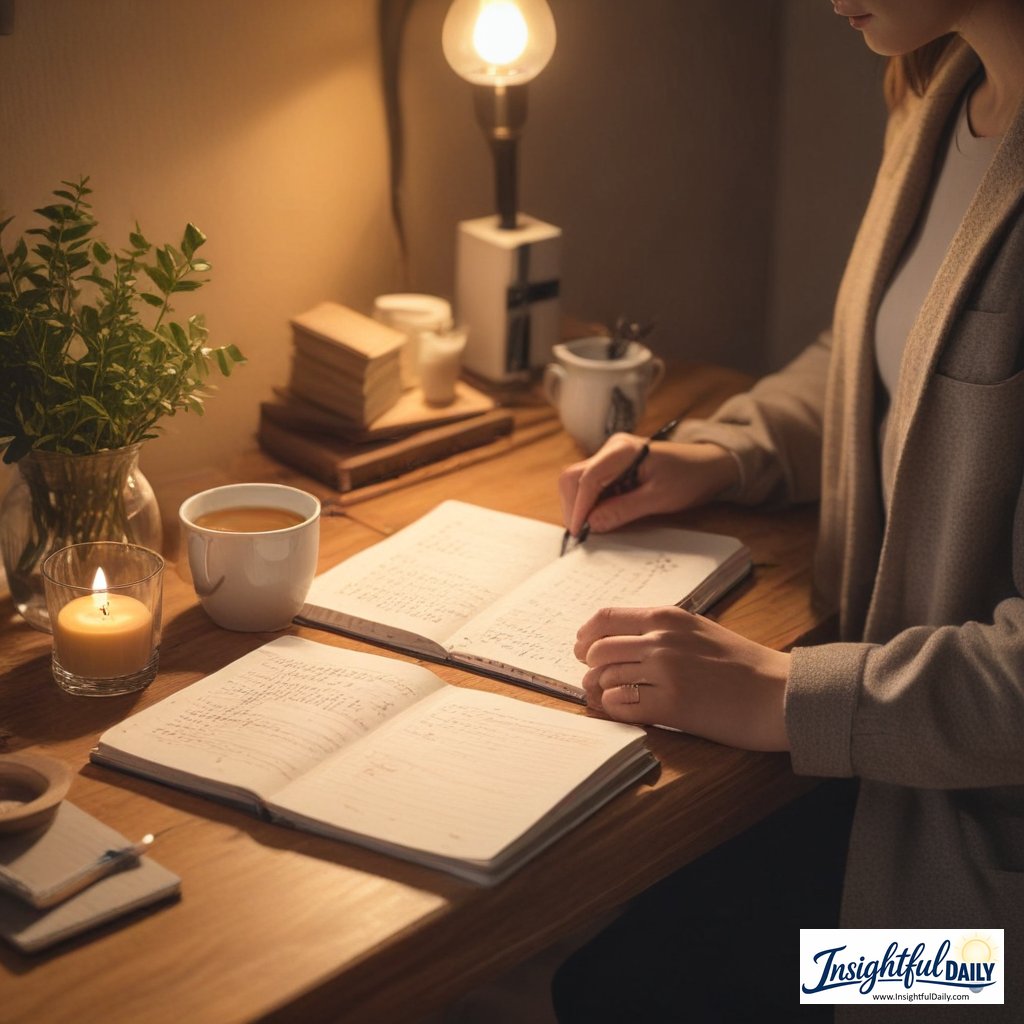 Person who decided to plan day night before writing in a planner notebook at a warmly lit desk