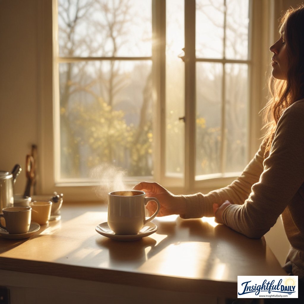 Person practicing optimal coffee timing morning routine at a sunlit kitchen table