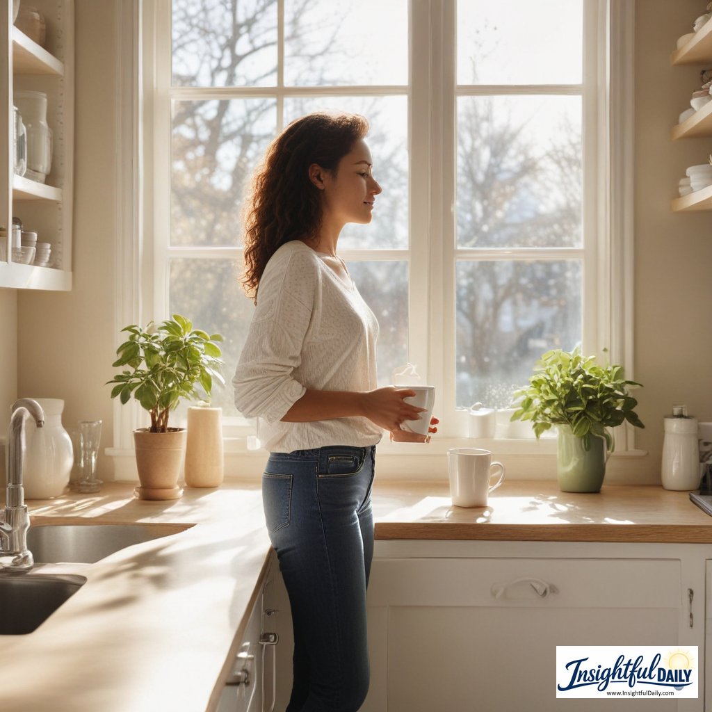 Person enjoying a calm morning free from feeling rushed in the morning, holding coffee in a sunny kitchen