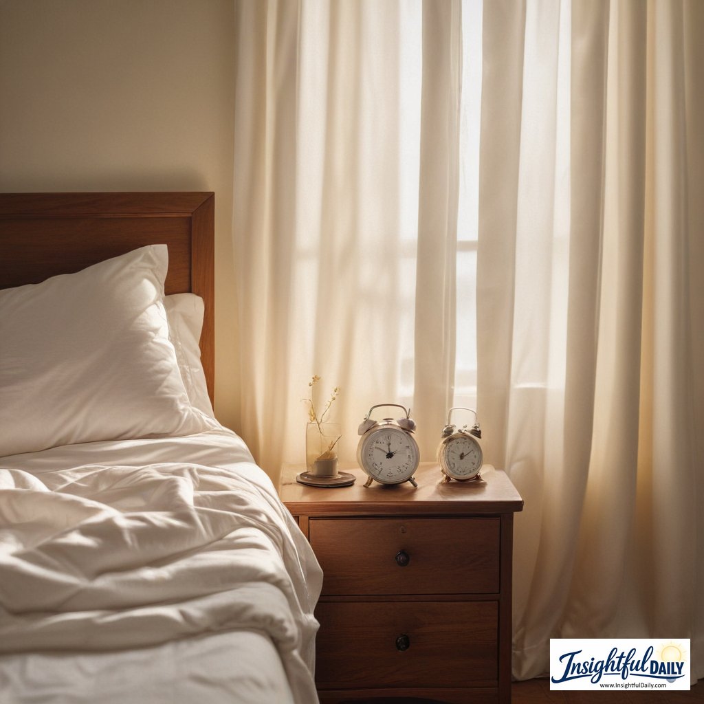 Person waking up same time daily in a bright, peaceful bedroom with warm morning sunlight streaming through curtains