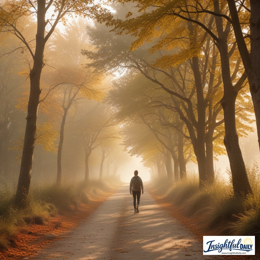 Person experiencing morning walk benefits on a tree-lined path in golden morning light