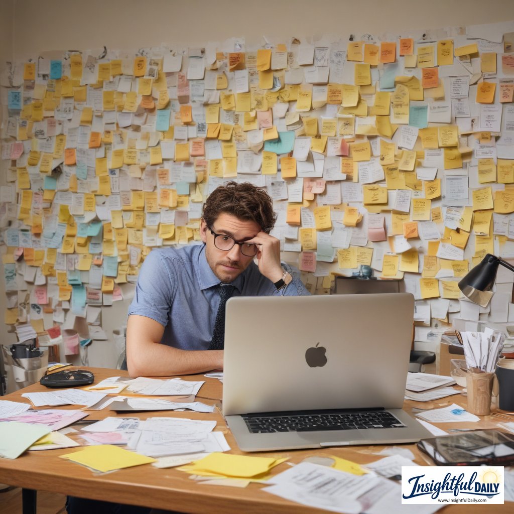 Person at cluttered desk feeling unproductive busy despite working all day