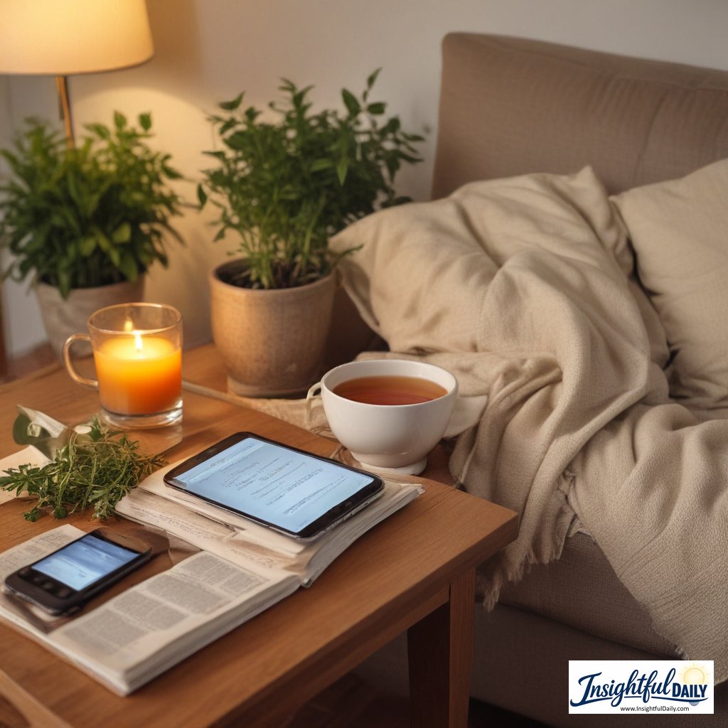 Person choosing to reduce screen time after work by putting down their phone and picking up a book in a cozy living room