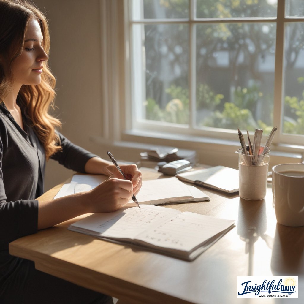 Professional writing in a planner during a morning productivity routine planning session with coffee and natural sunlight, illustrating key morning routine benefits