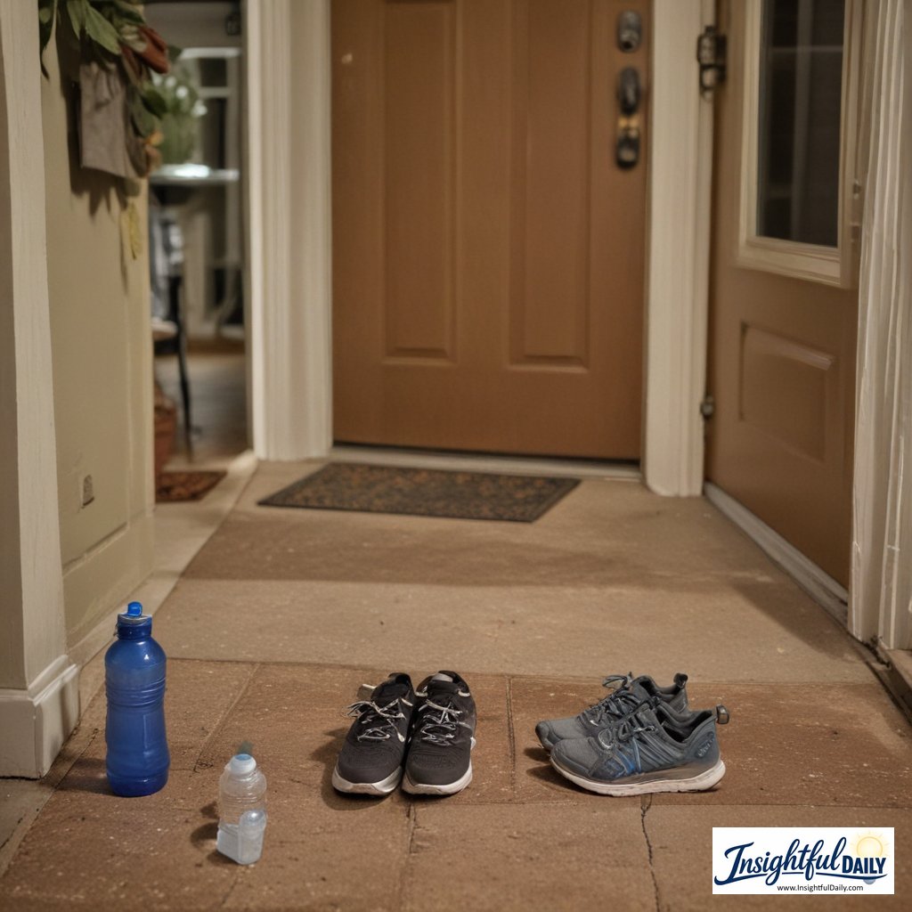 Person setting out walking shoes the night before to prepare for daily walking habit