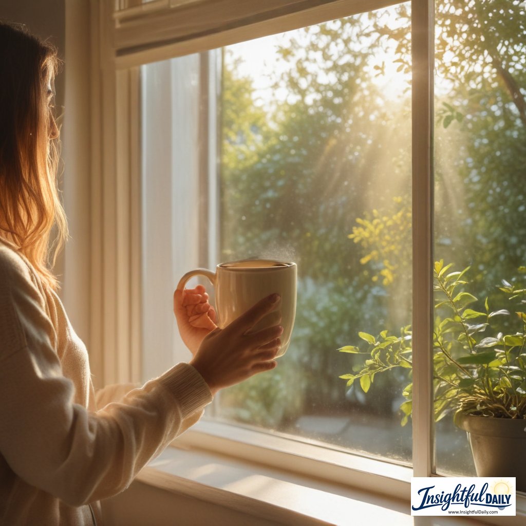 Person enjoying a peaceful morning routine with a warm drink after committing to wake up same time daily every morning