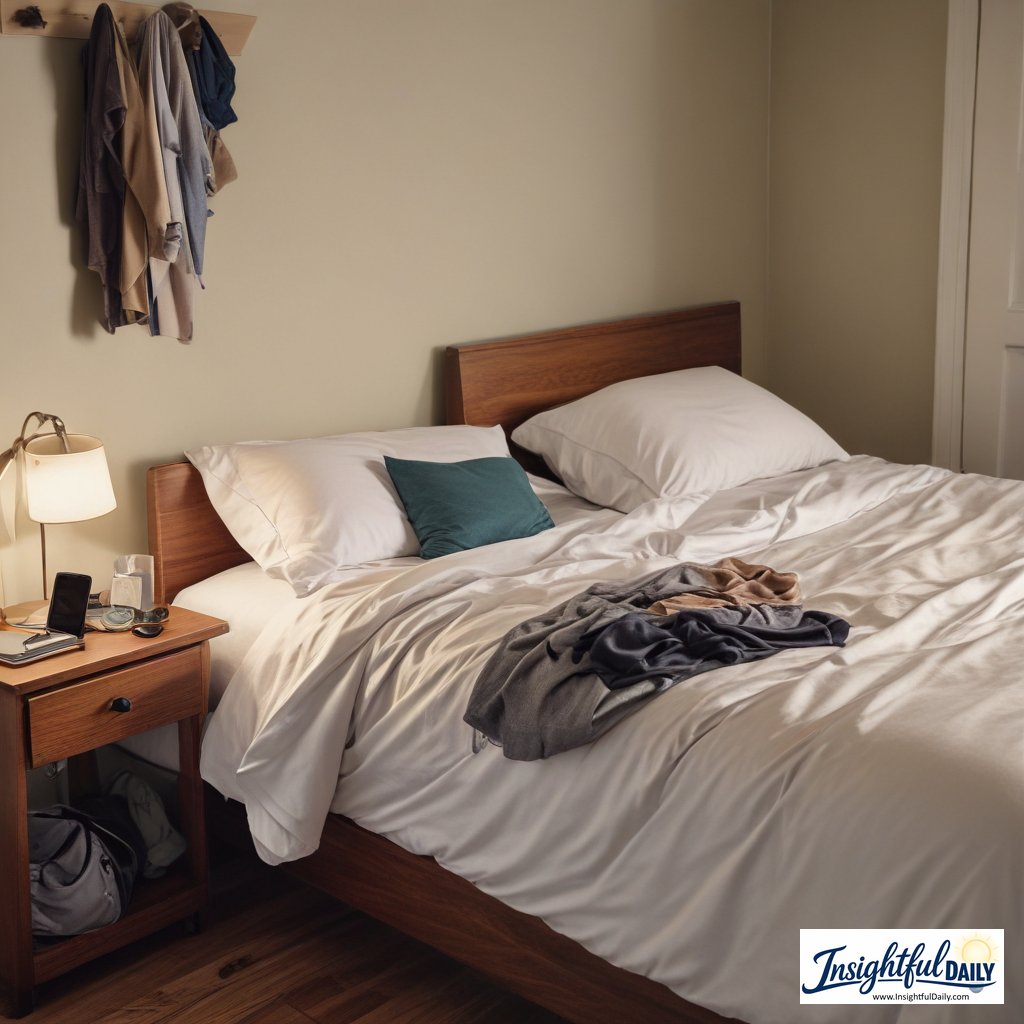 Organized bedroom with clothes laid out and bag packed the night before, illustrating evening preparation to avoid feeling rushed in the morning
